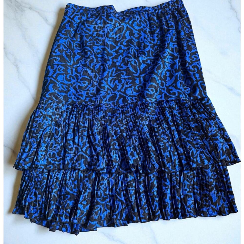 Vintage Silk Skirt Midi Black Blue Floral Long Full Secretary 80s 90s Size 14